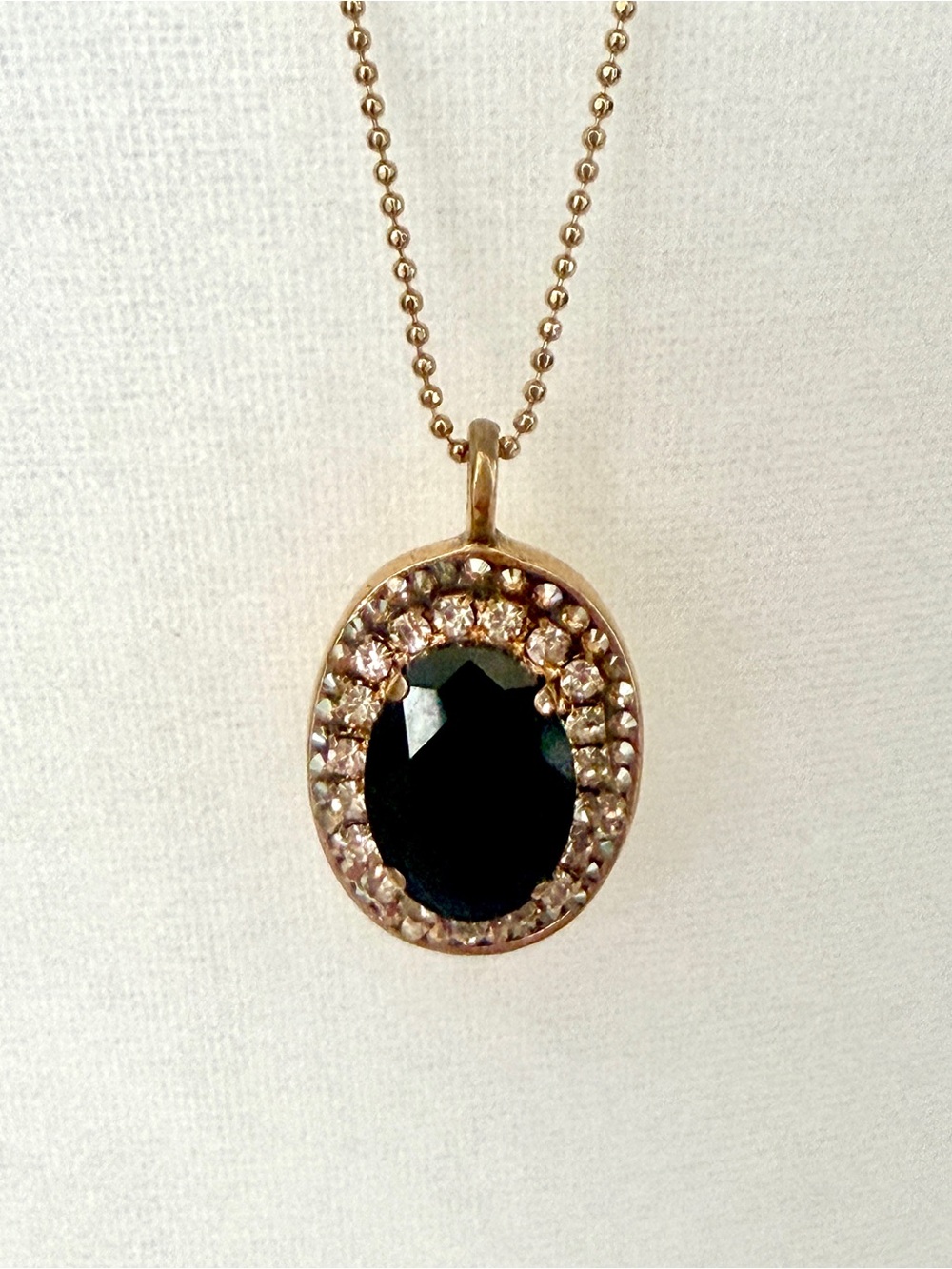 Gold-Plated Black Stone Necklace w/ Crystal Accents. Mustard Seed , 30 in. Chain - Picture 2 of 5